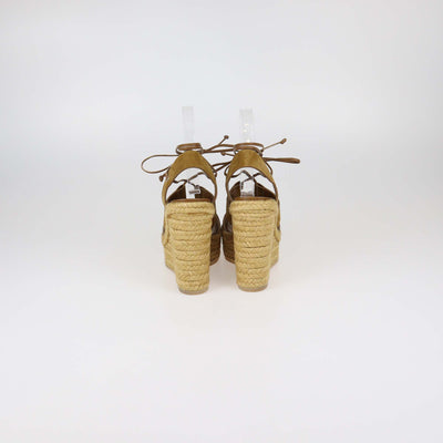 Saint Laurent Brown Suede and Leather Lace Up Espadrille Wedge Sandals