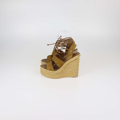 Saint Laurent Brown Suede and Leather Lace Up Espadrille Wedge Sandals