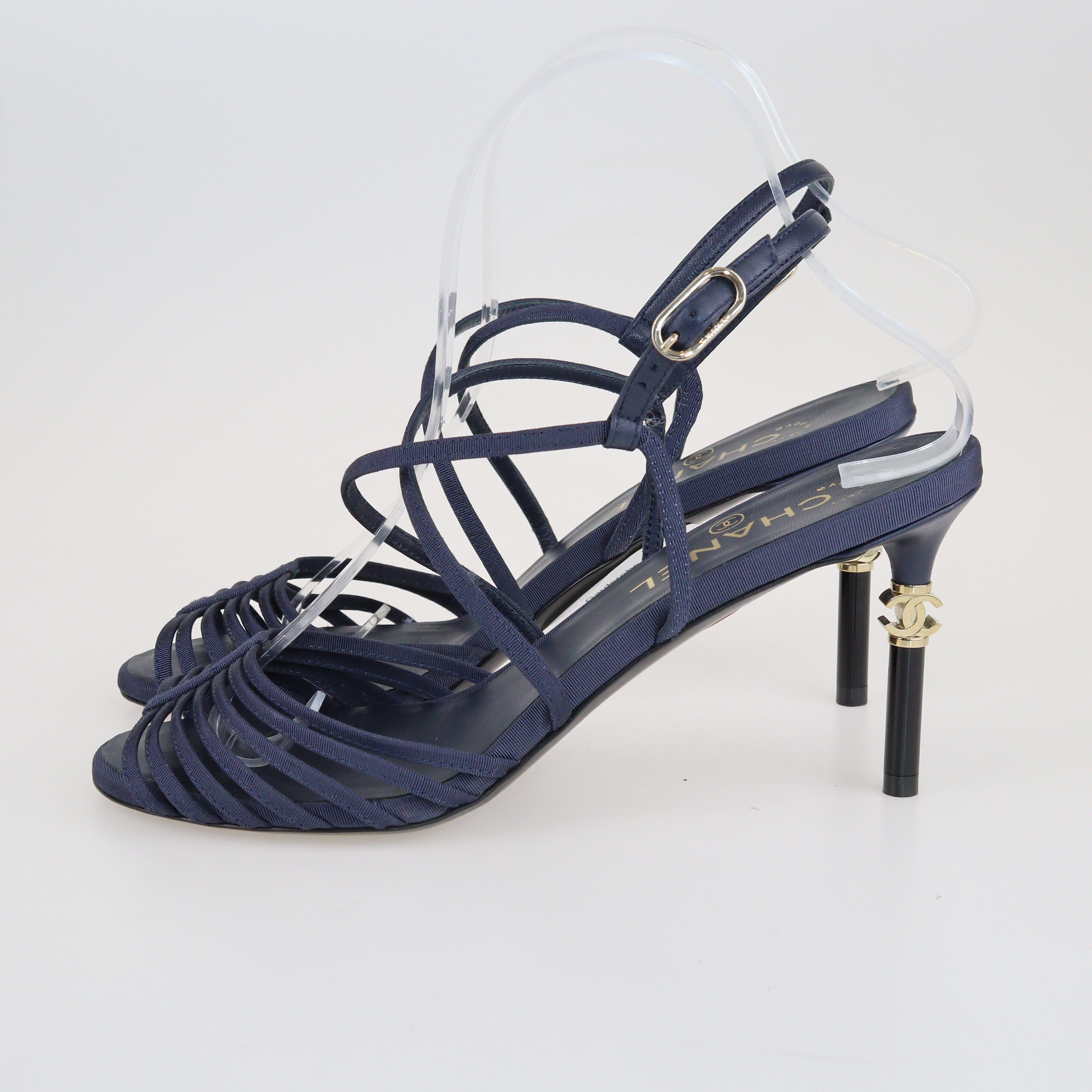 Navy Blue CC Heels Ankle Strap Sandal Shoes Chanel 