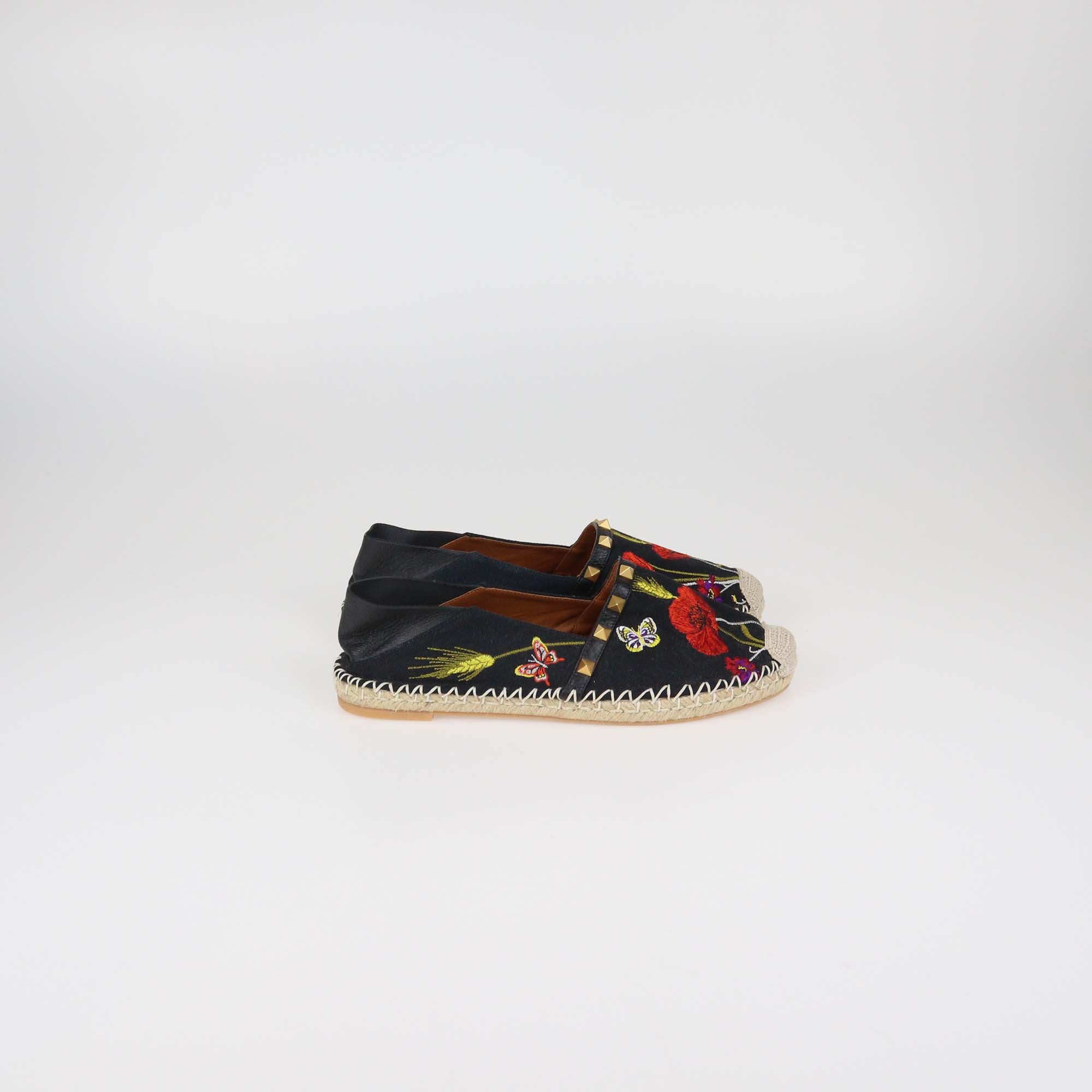 Valentino Black Canvas and Leather Rockstud Floral Embroidered Espadrille Flats