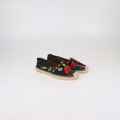 Valentino Black Canvas and Leather Rockstud Floral Embroidered Espadrille Flats