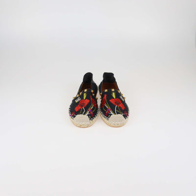 Valentino Black Canvas and Leather Rockstud Floral Embroidered Espadrille Flats
