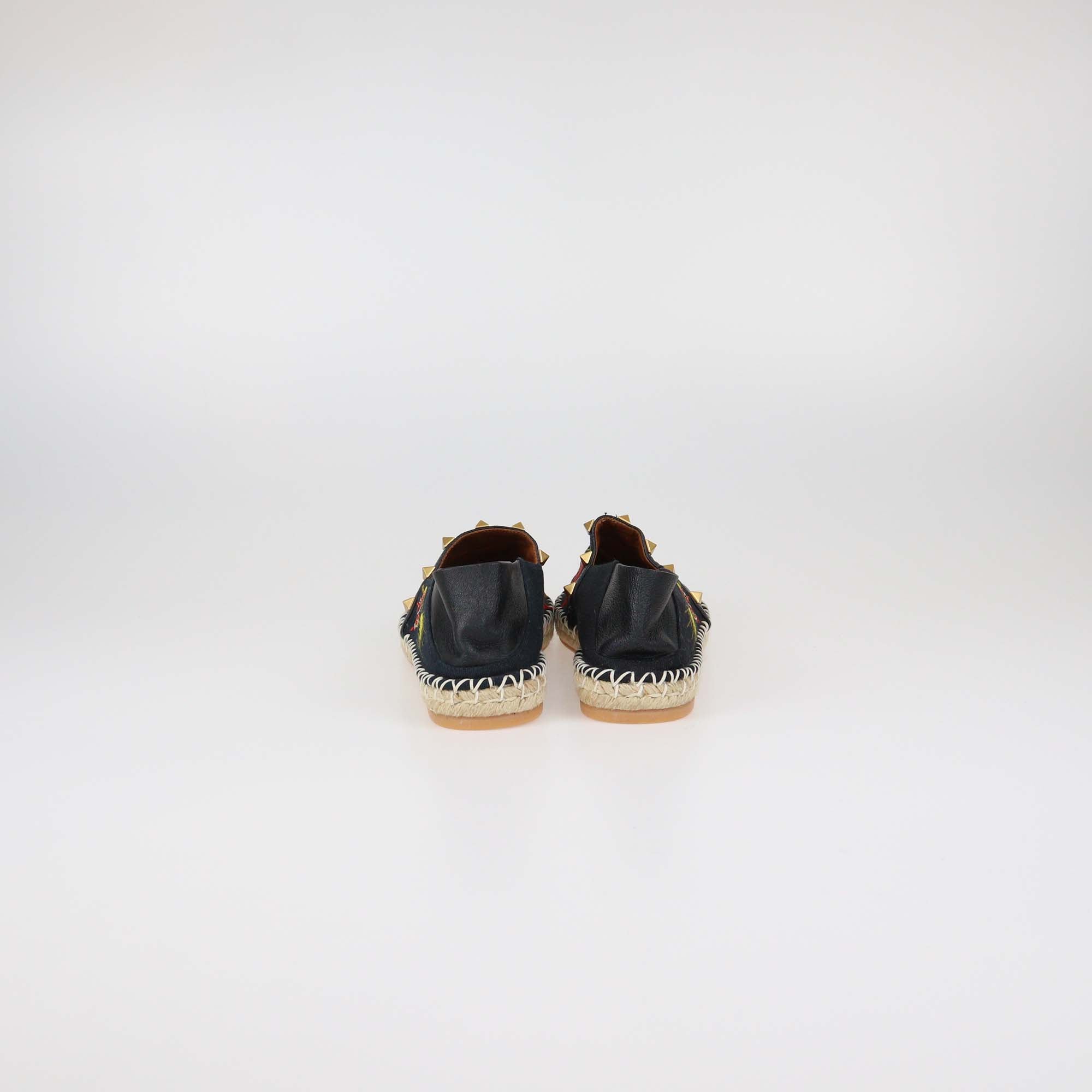 Valentino Black Canvas and Leather Rockstud Floral Embroidered Espadrille Flats