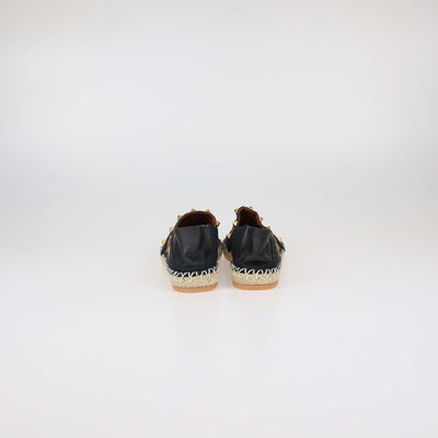 Valentino Black Canvas and Leather Rockstud Floral Embroidered Espadrille Flats