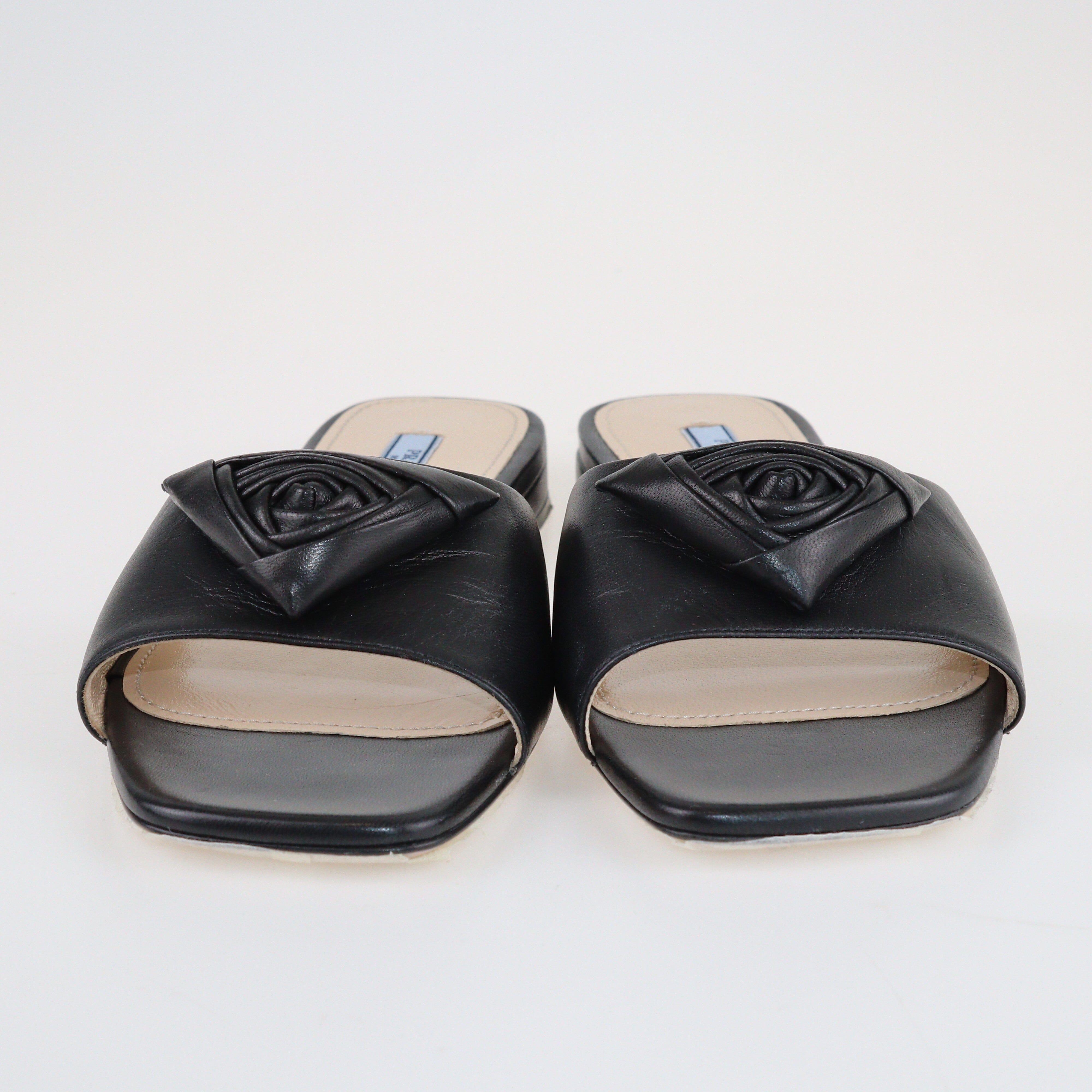 Black Rose Detail Flat Slides Shoes Prada 
