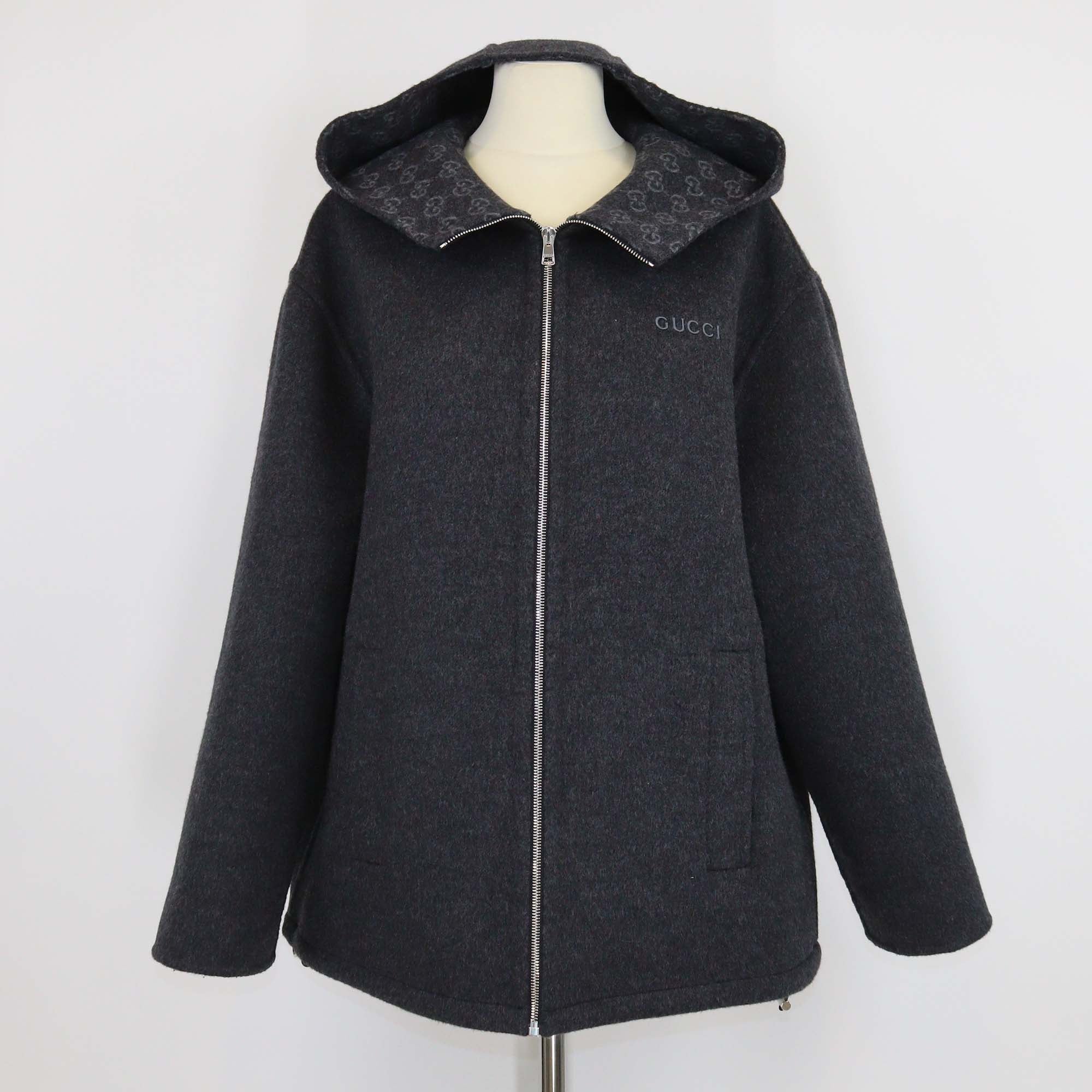 Gucci Grey Wool Embroidered Hooded Zip Up Jacket