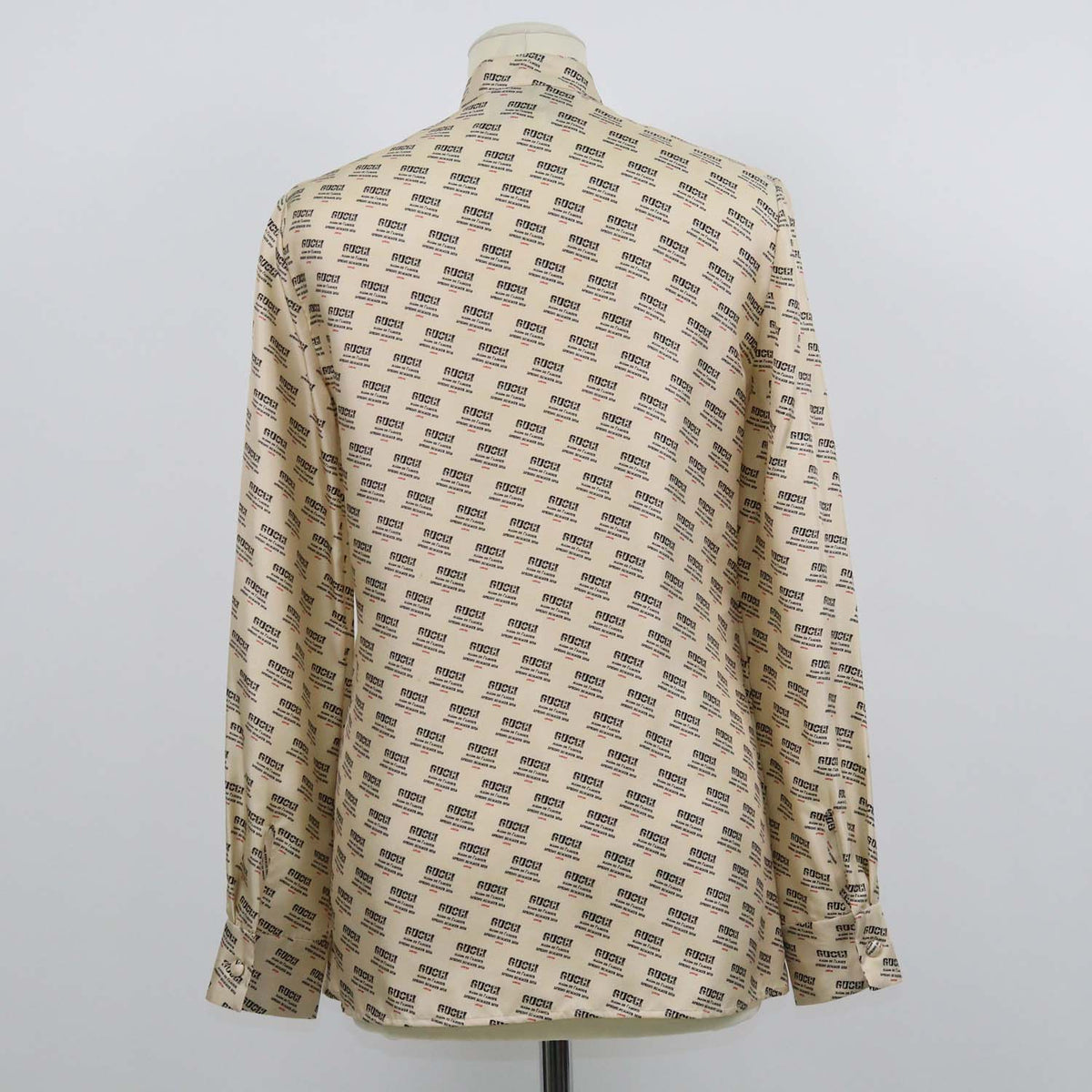 Gucci Beige Silk Invite Stamp Print Ruffled Longsleeve Shirt