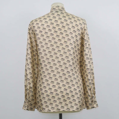 Gucci Beige Silk Invite Stamp Print Ruffled Longsleeve Shirt