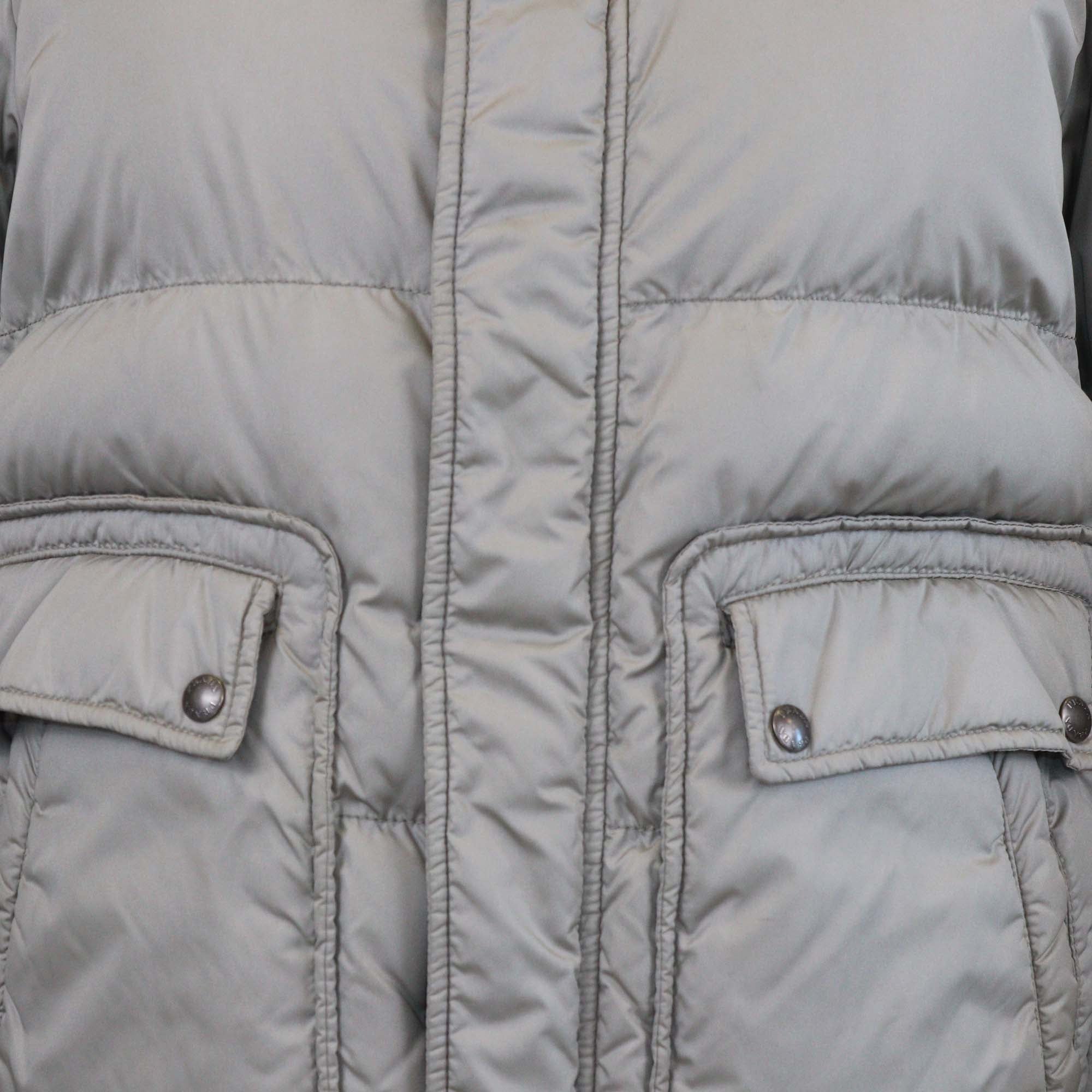 Prada Grey Nylon Padded Down Jacket w/ Detachable Fur Trim Hoodie