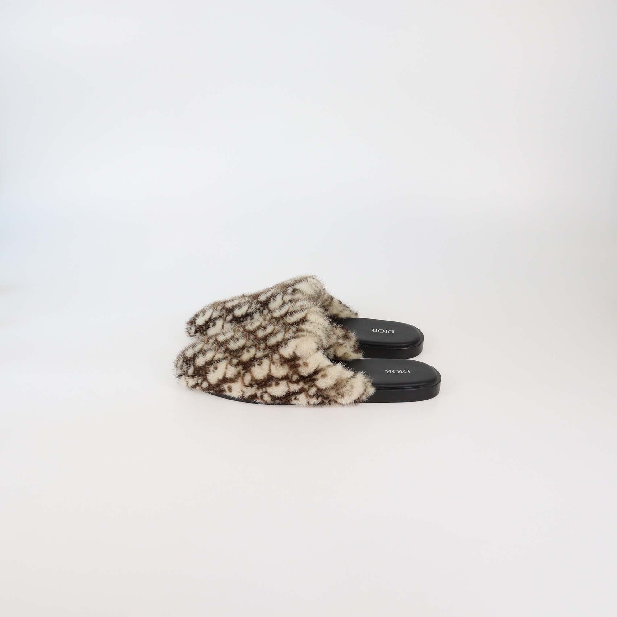 Christian Dior Brown/White Oblique Mink Fur Mules