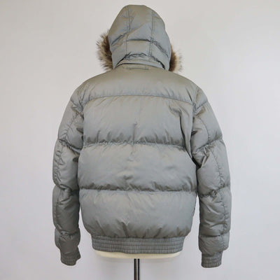 Prada Grey Nylon Padded Down Jacket w/ Detachable Fur Trim Hoodie