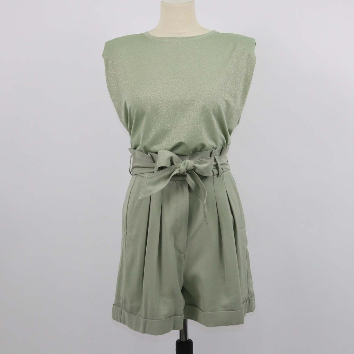 Tara Jamon Pale Green Metallic Blend Viscose Sleeveless Shirt & Priscille Short