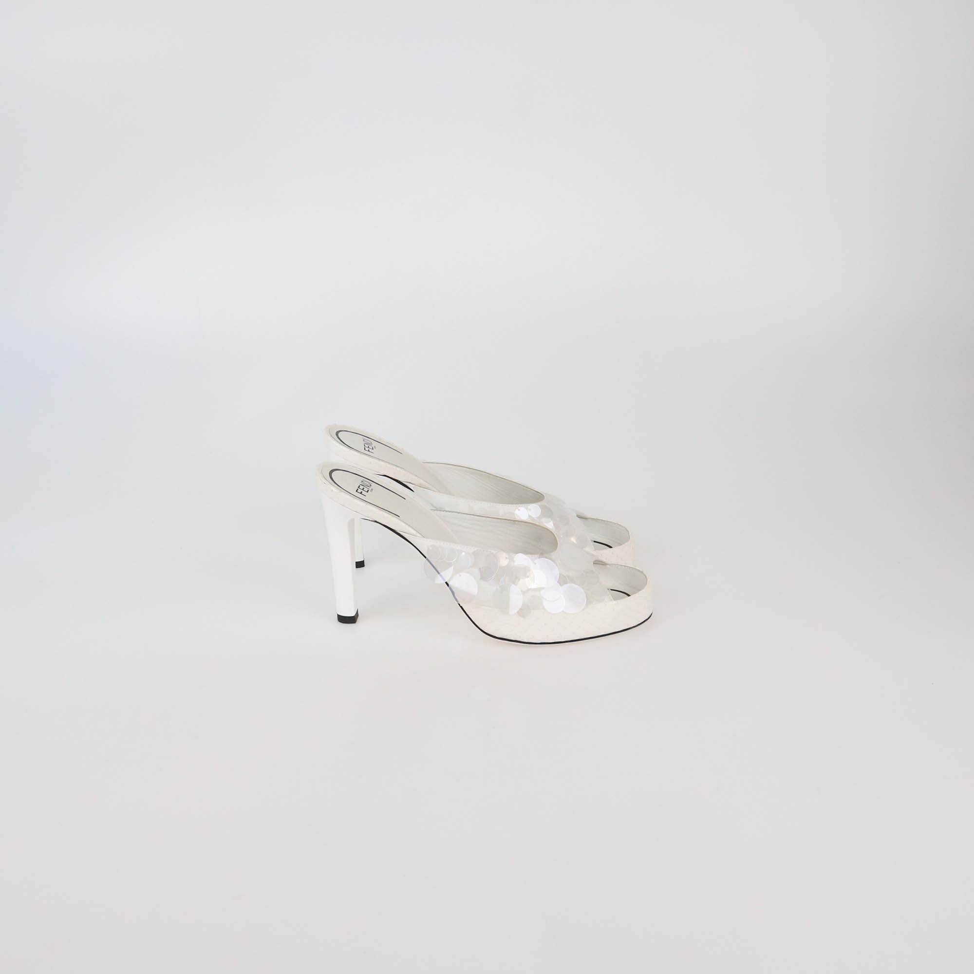 Fendi White Sequins and Snake Mules