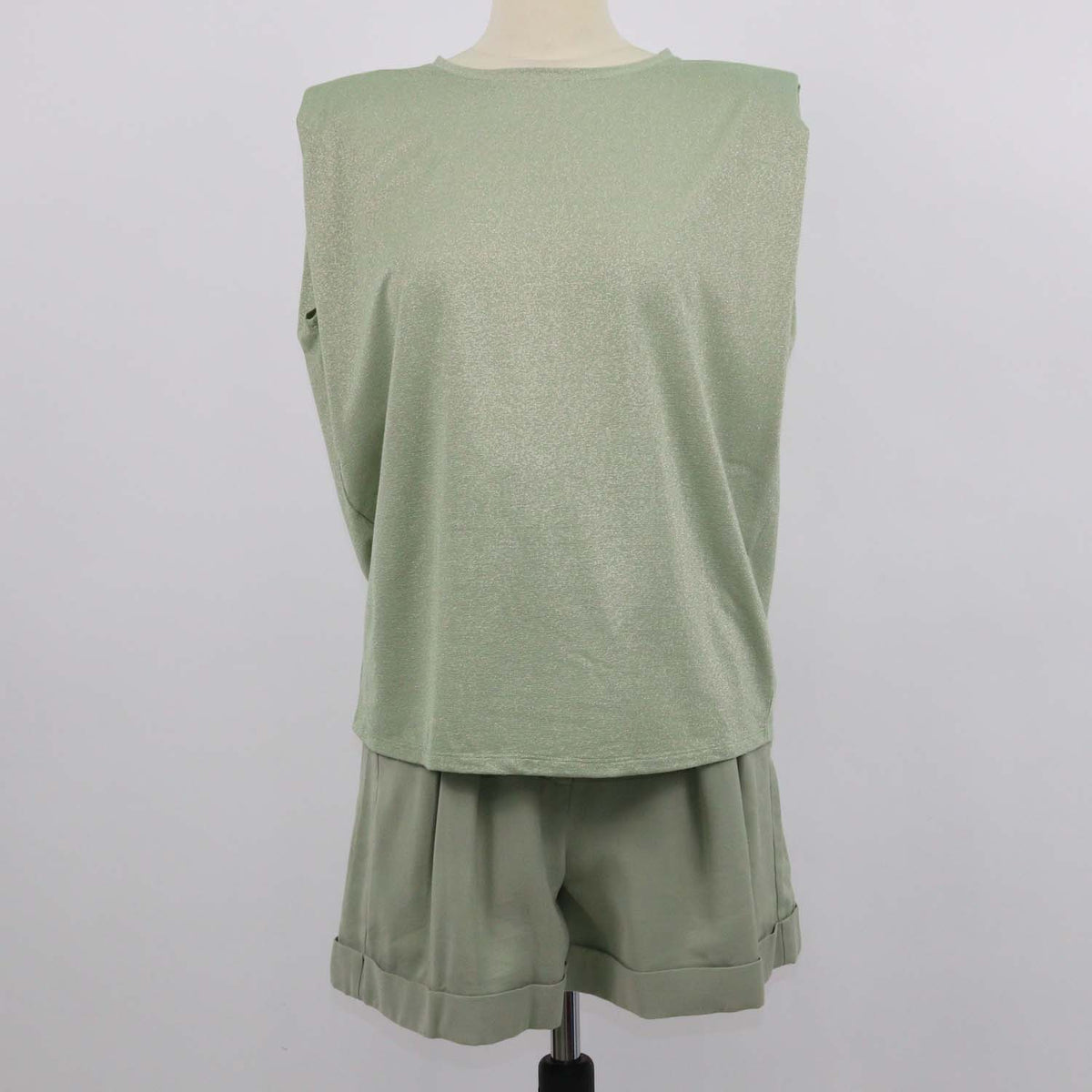 Tara Jamon Pale Green Metallic Blend Viscose Sleeveless Shirt & Priscille Short