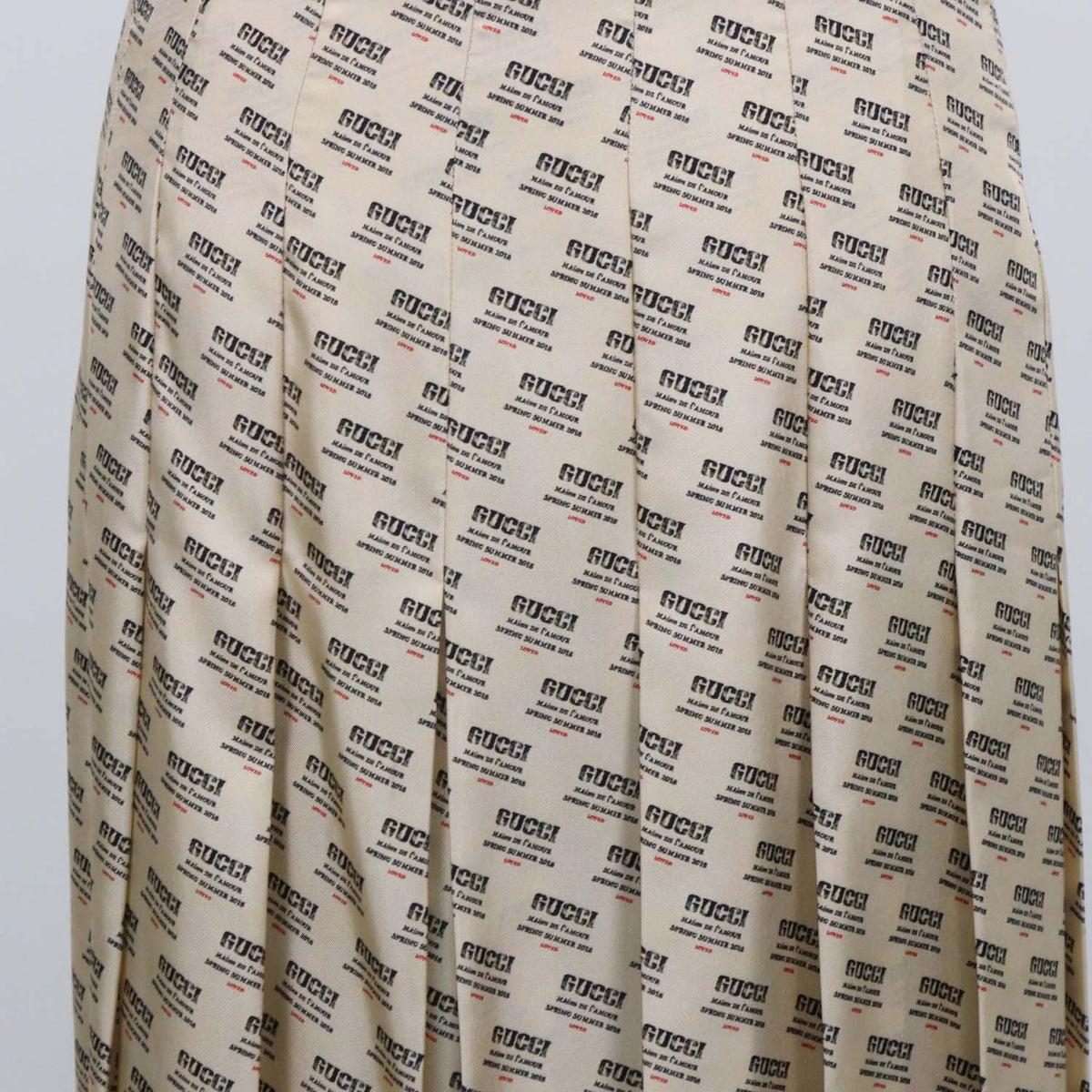 Gucci Beige Silk Invite Stamp Print Pleated Midi Skirt