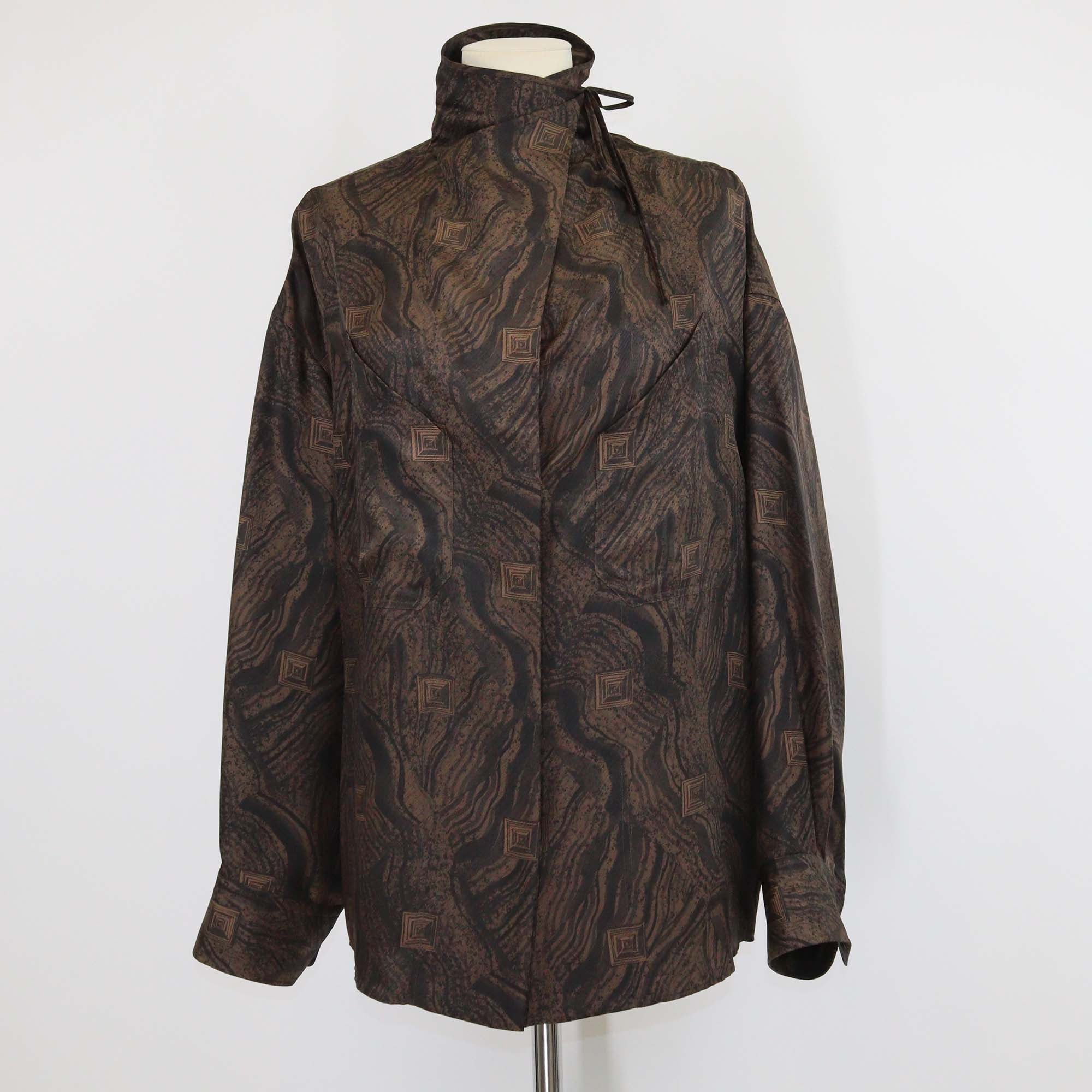 Hermes Brown Silk Marbre Mosaique Medor Draped Collar Wide Shirt