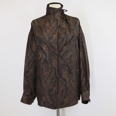 Hermes Brown Silk Marbre Mosaique Medor Draped Collar Wide Shirt