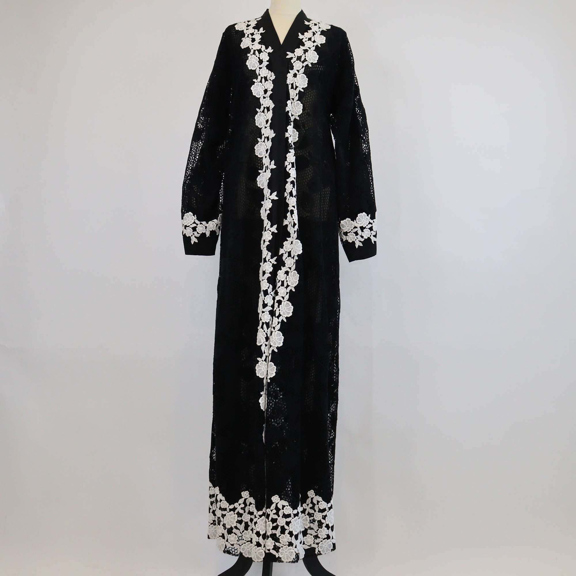 Dolce & Gabbana Black/White Blended Cotton Floral Crochet Maxi Abaya