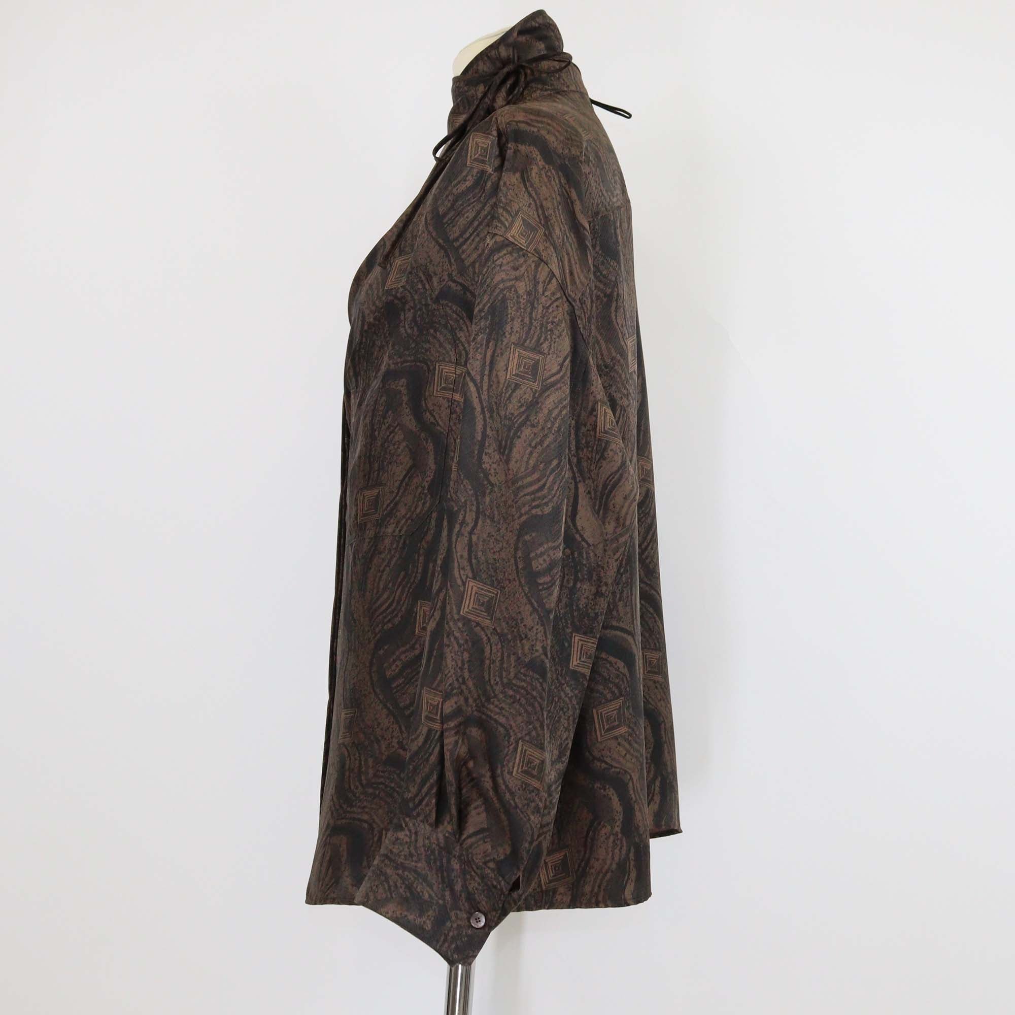 Hermes Brown Silk Marbre Mosaique Medor Draped Collar Wide Shirt