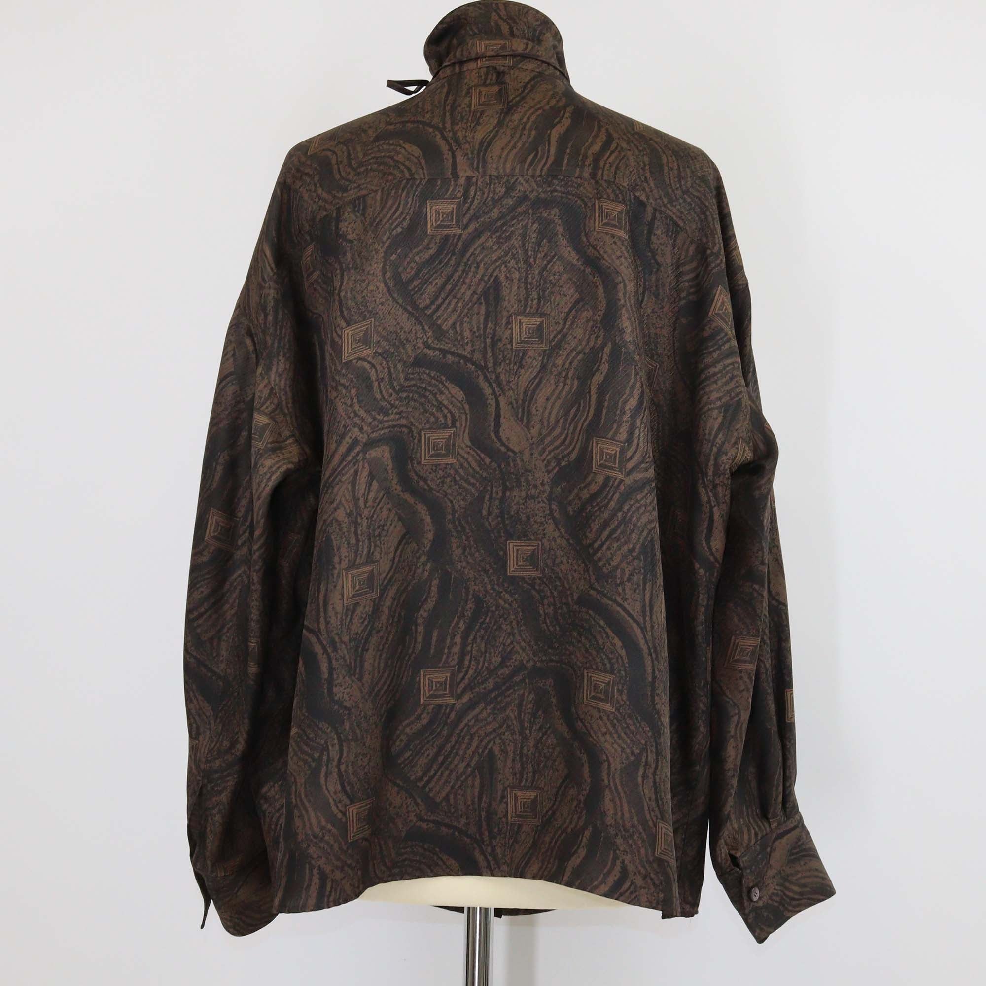 Hermes Brown Silk Marbre Mosaique Medor Draped Collar Wide Shirt