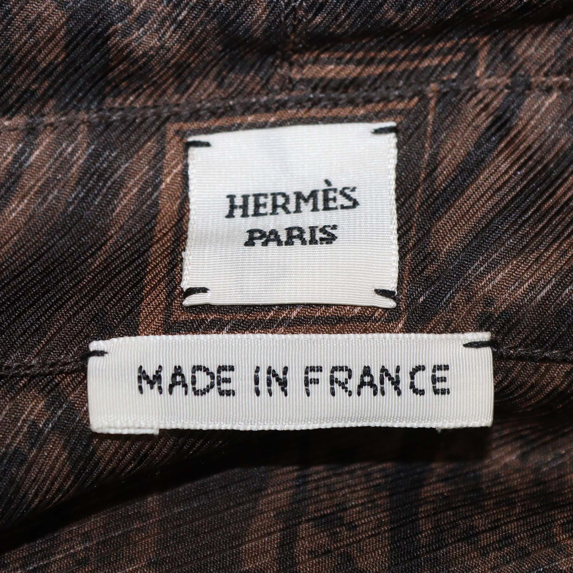 Hermes Brown Silk Marbre Mosaique Medor Draped Collar Wide Shirt