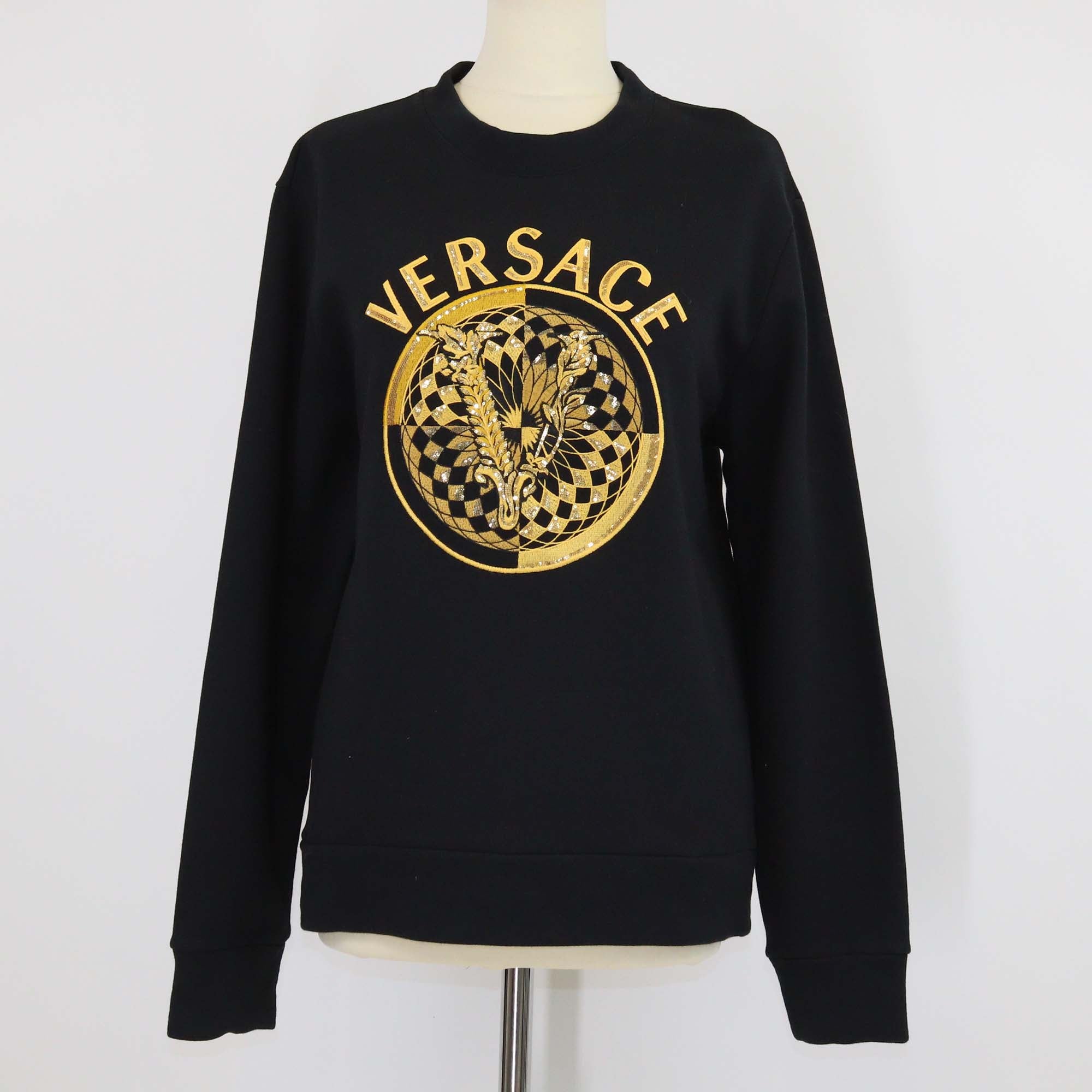 Versace Black Cotton Logo Sequined Embroidered Sweatshirt