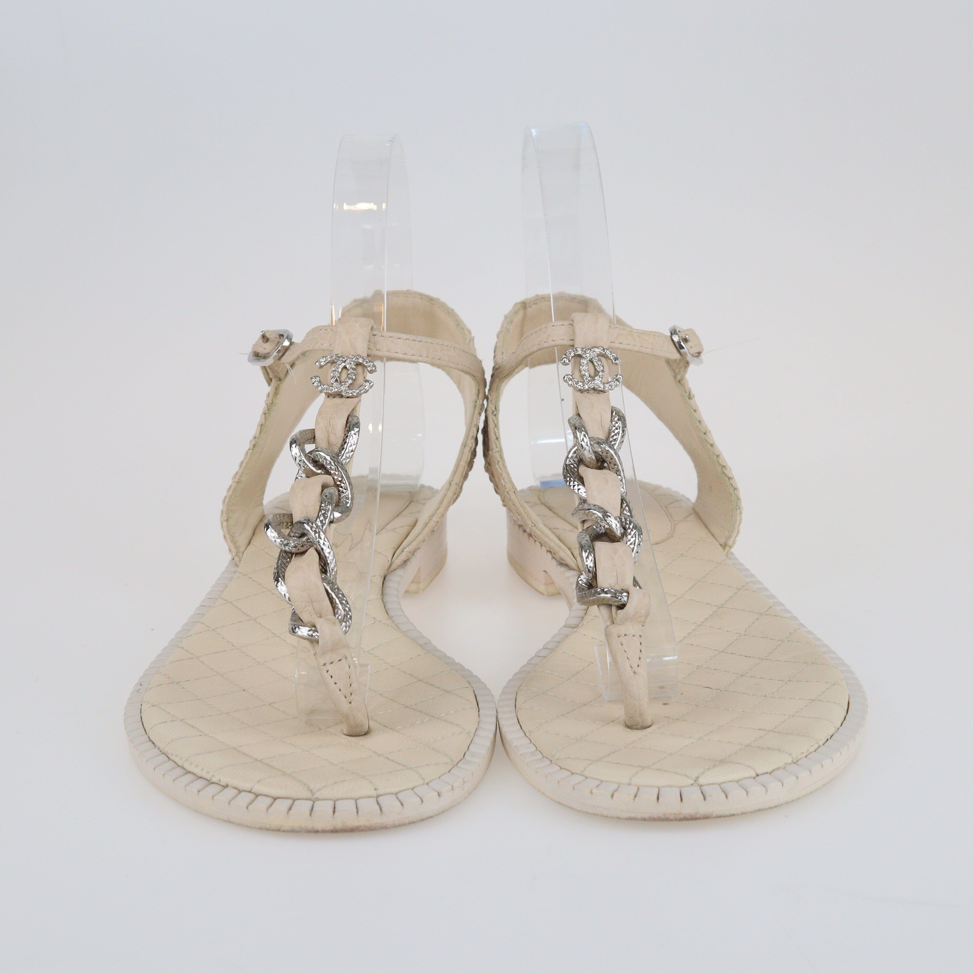 Cream Quilted Chain Link Thong CC Sandals Shoes Chanel 