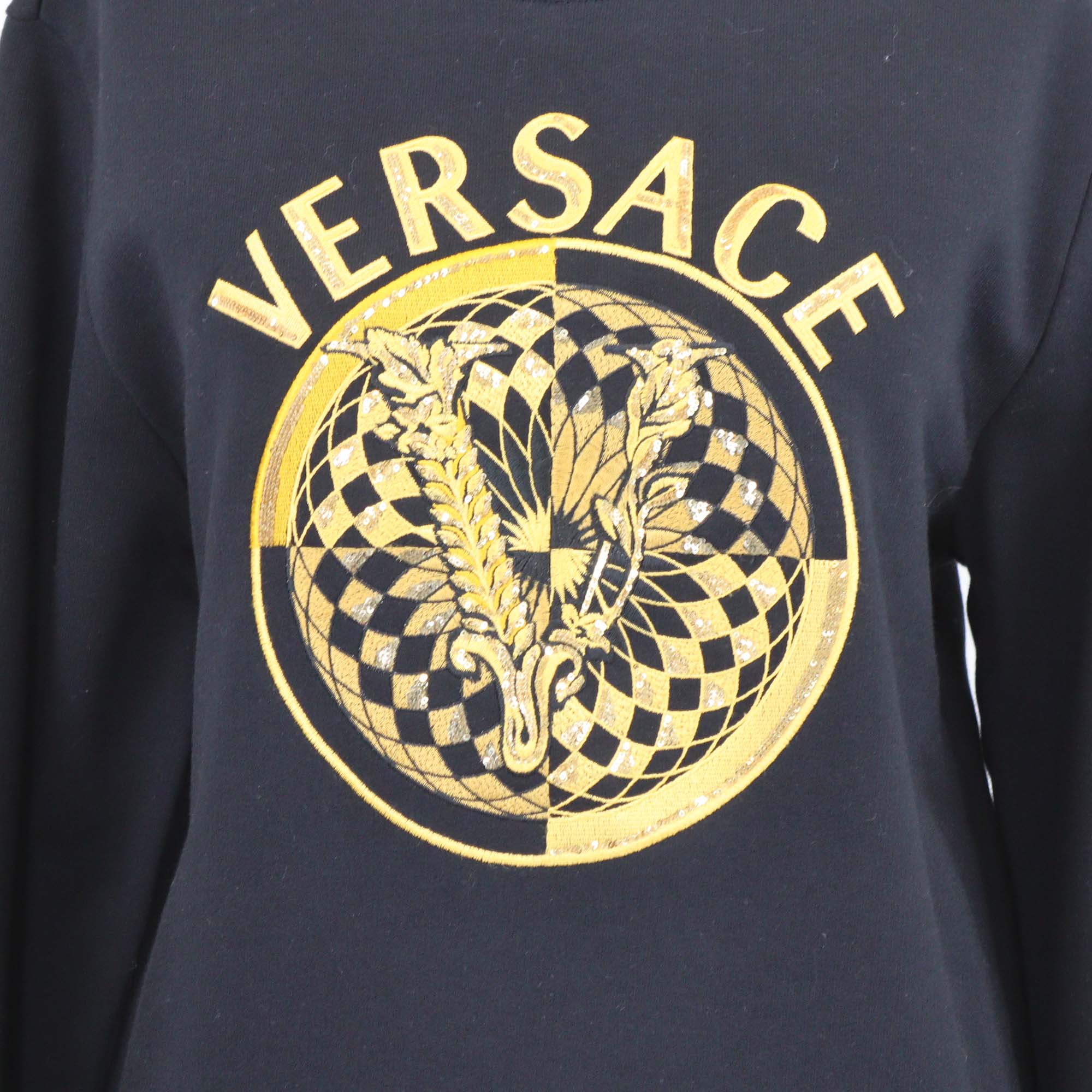 Versace Black Cotton Logo Sequined Embroidered Sweatshirt