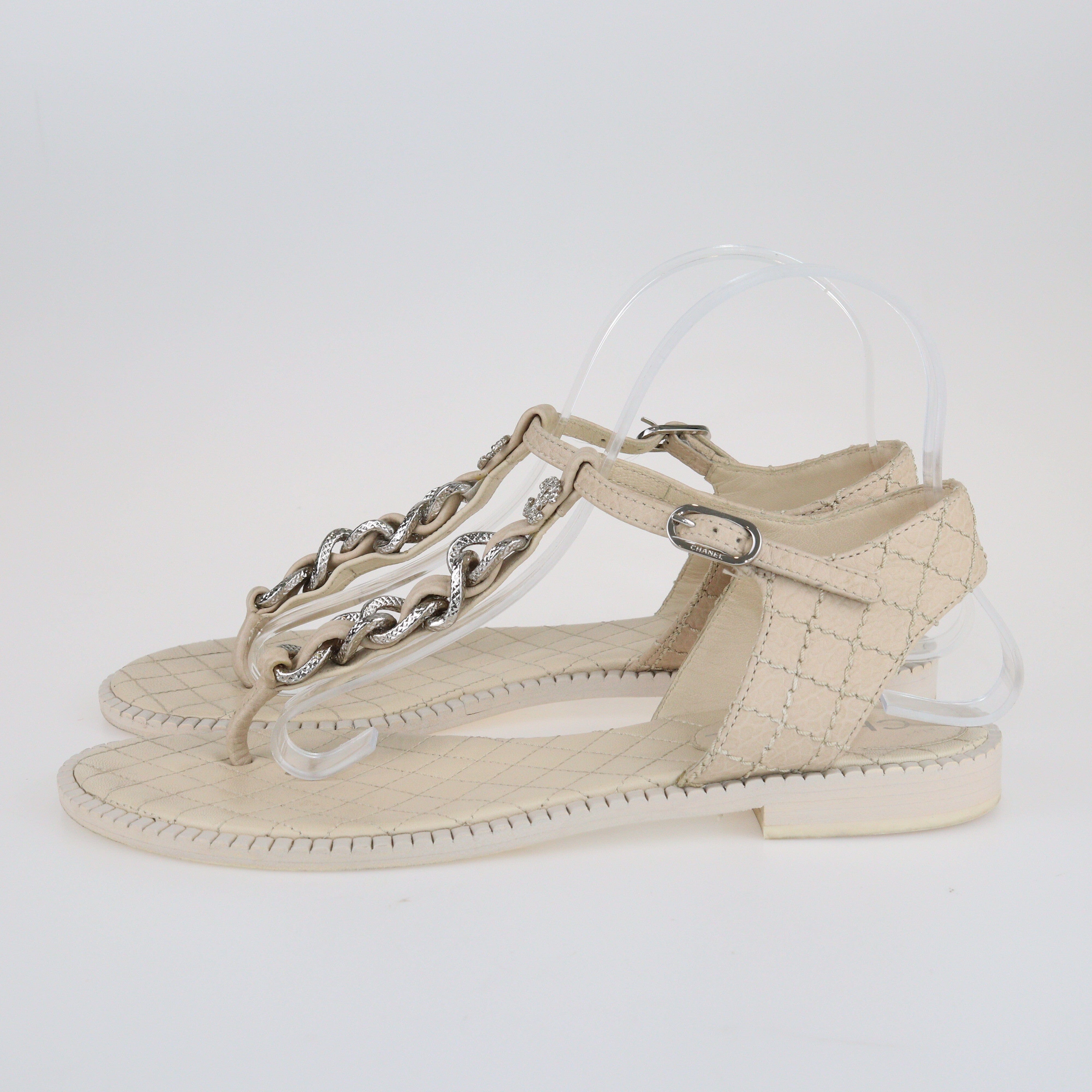 Cream Quilted Chain Link Thong CC Sandals Shoes Chanel 