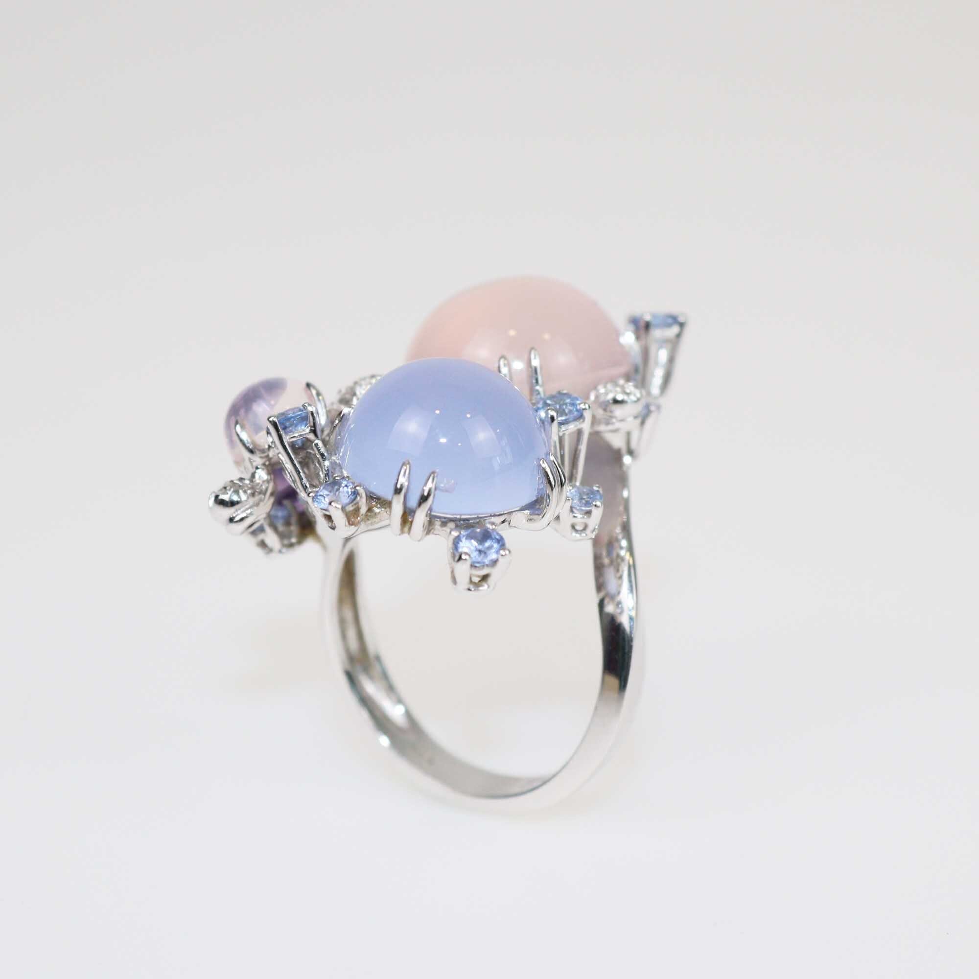 Semiprecious Multi Gemstones 18K White Gold Cocktail Ring Jewellery Semiprecious 