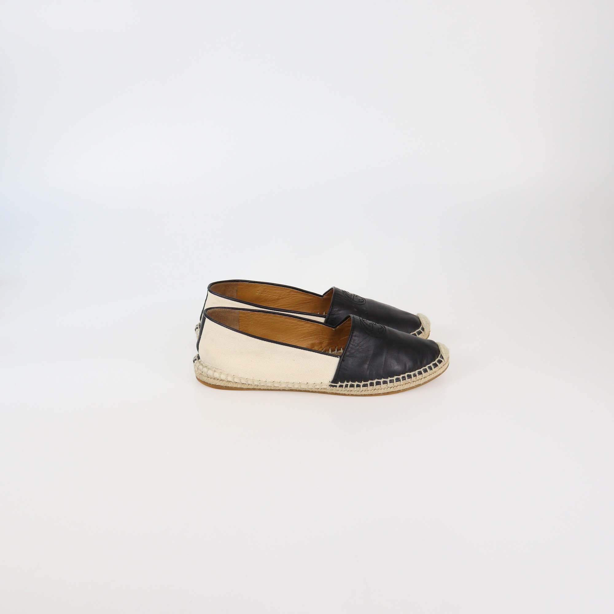 Gucci Black/Off White Canvas & Leather Interlocking G Espadrille Flats
