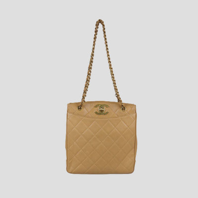 Chanel Beige Quilted Caviar Leather Vintage CC Chain Turn Lock Tote