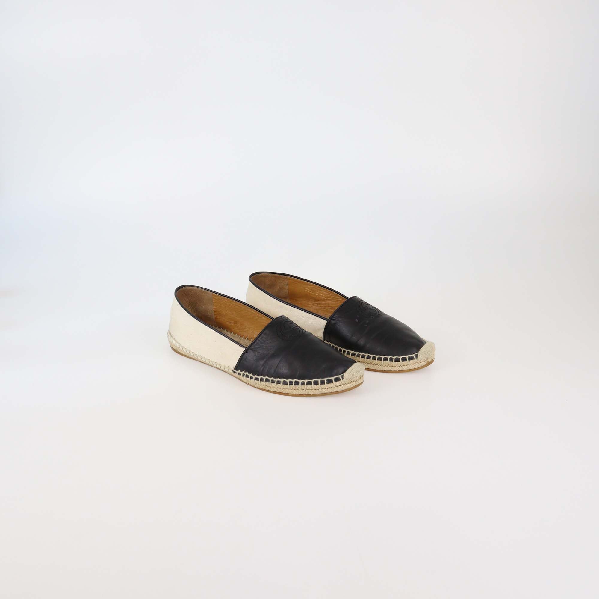 Gucci Black/Off White Canvas & Leather Interlocking G Espadrille Flats