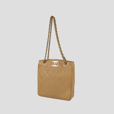 Chanel Beige Quilted Caviar Leather Vintage CC Chain Turn Lock Tote