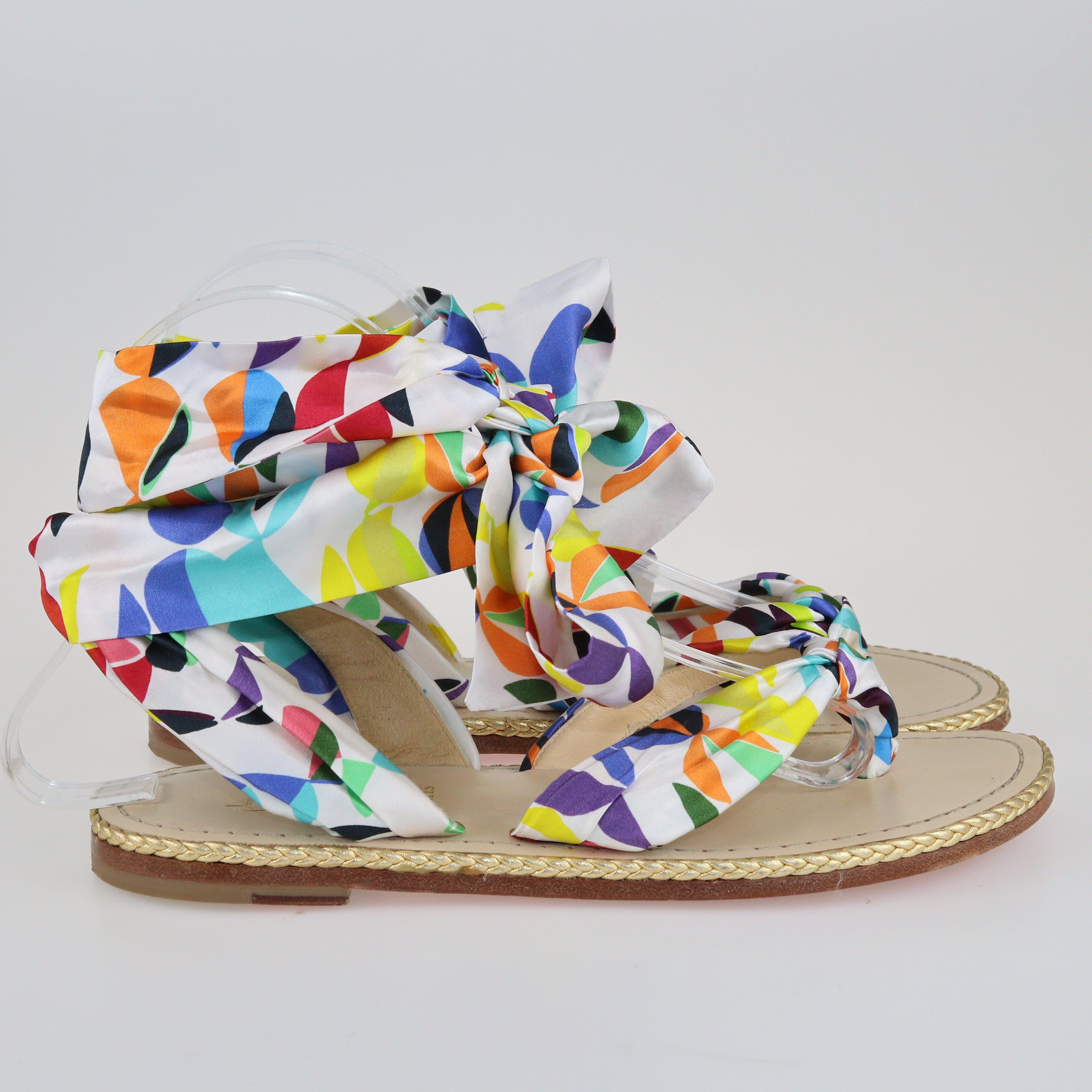 Multicolor Printed Satin Niloofar Ankle Wrap Flat Sandals Shoes Christian Louboutin 