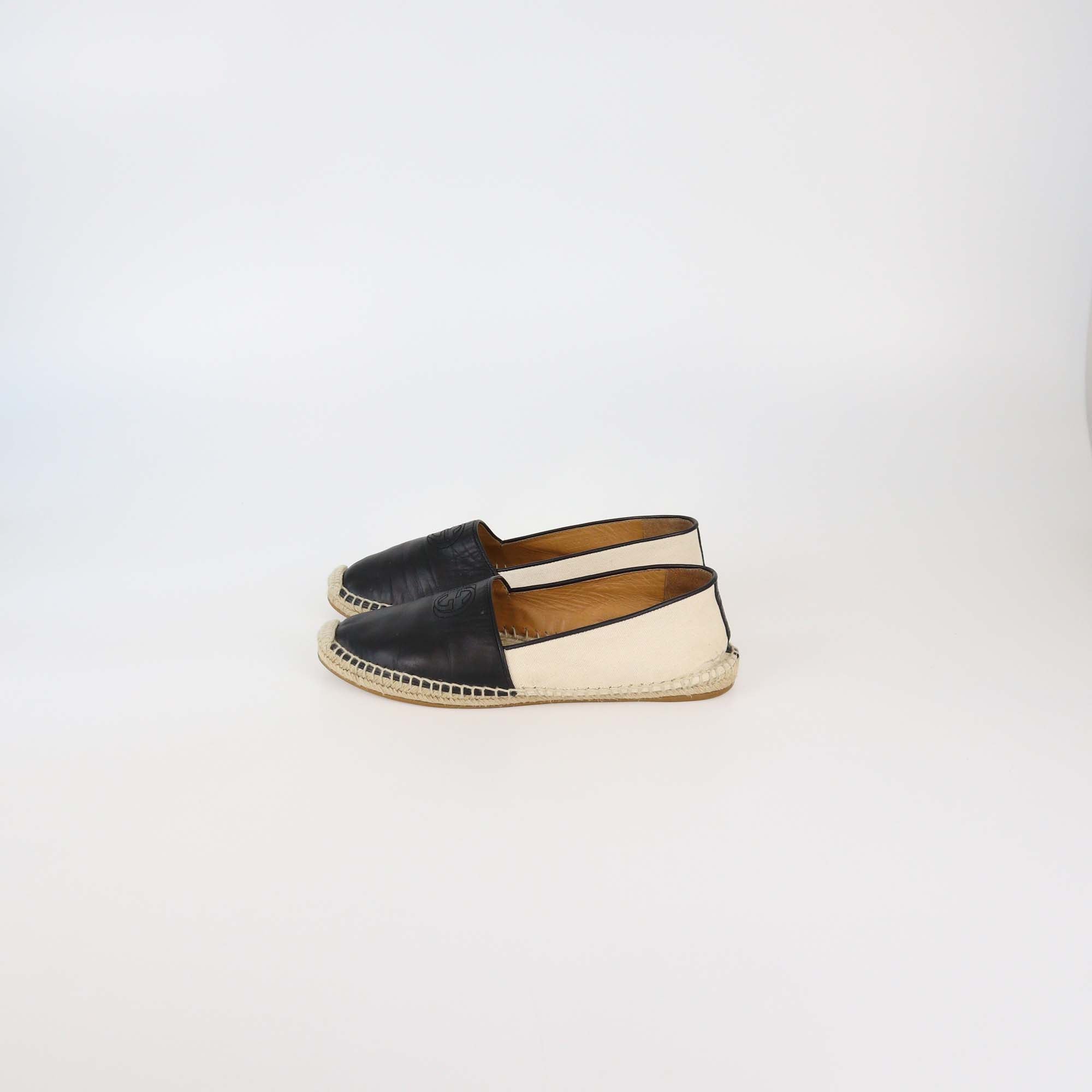 Gucci Black/Off White Canvas & Leather Interlocking G Espadrille Flats