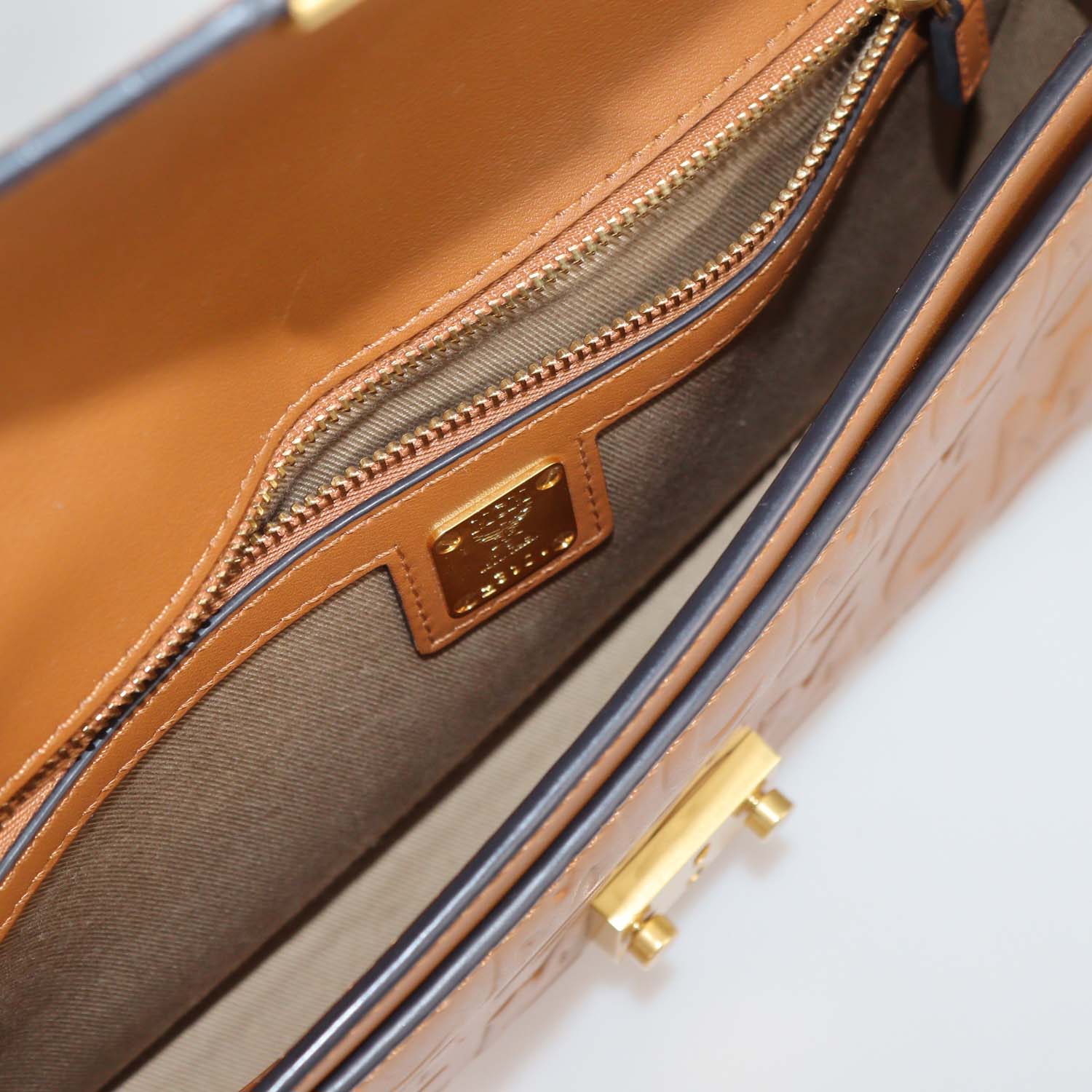 MCM Brown Embossed Leather Tracy Crossbody Bag