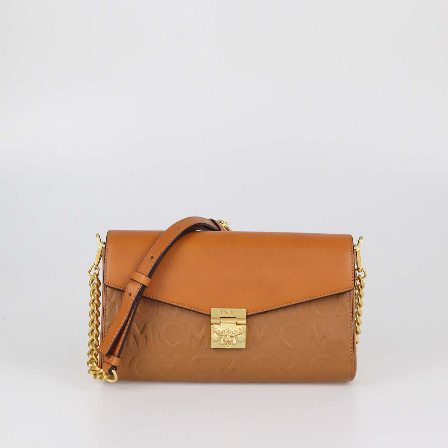 MCM Brown Embossed Leather Tracy Crossbody Bag