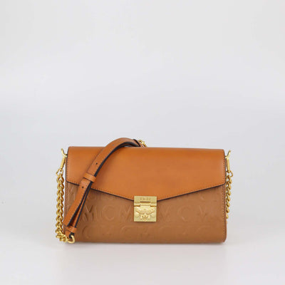 MCM Brown Embossed Leather Tracy Crossbody Bag