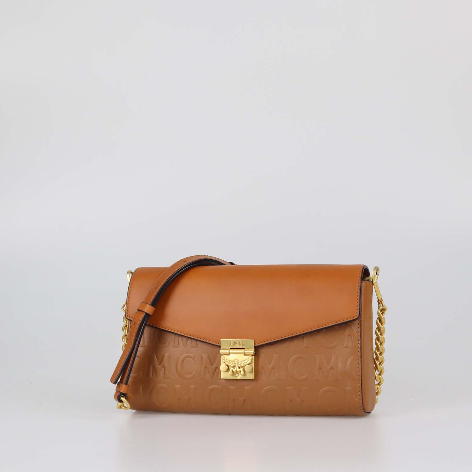 MCM Brown Embossed Leather Tracy Crossbody Bag