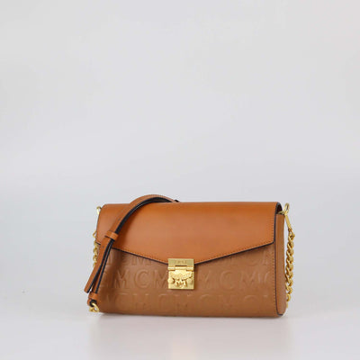 MCM Brown Embossed Leather Tracy Crossbody Bag
