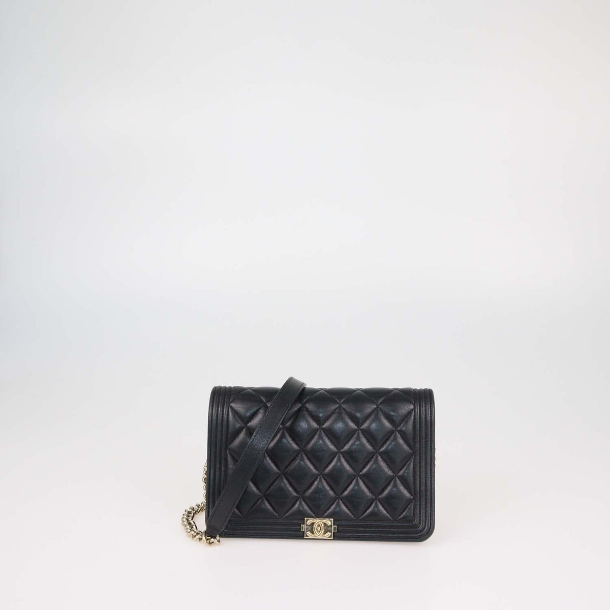 Chanel Black Leather Quilted Boy Wallet On Chain