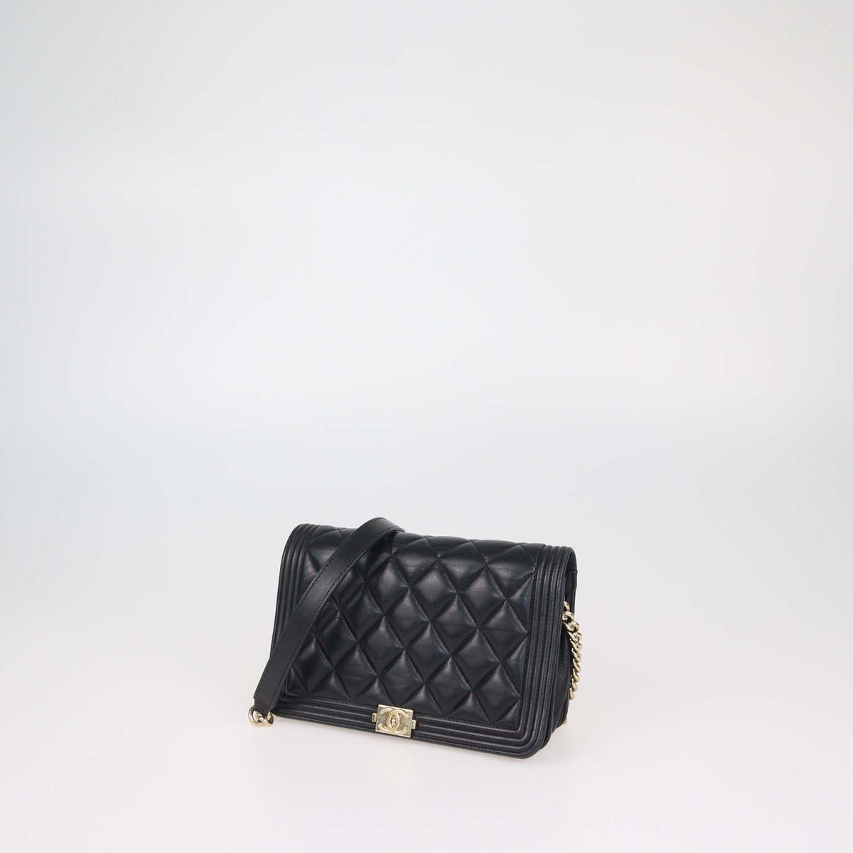 Chanel Black Leather Quilted Boy Wallet On Chain
