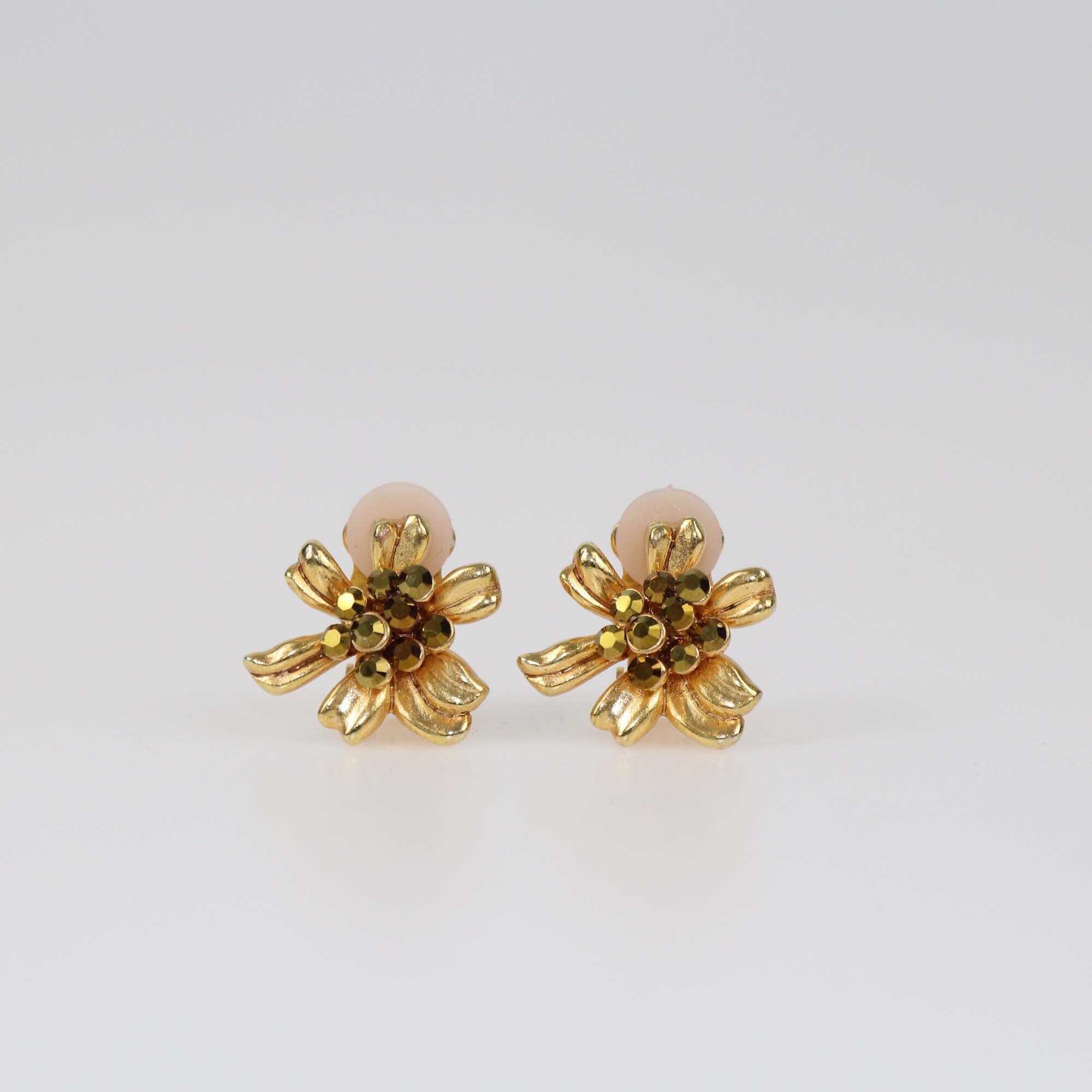 Oscar De La Renta Gold Tone Flower Crystal Clip-On Earrings Womens Oscar de la Renta 