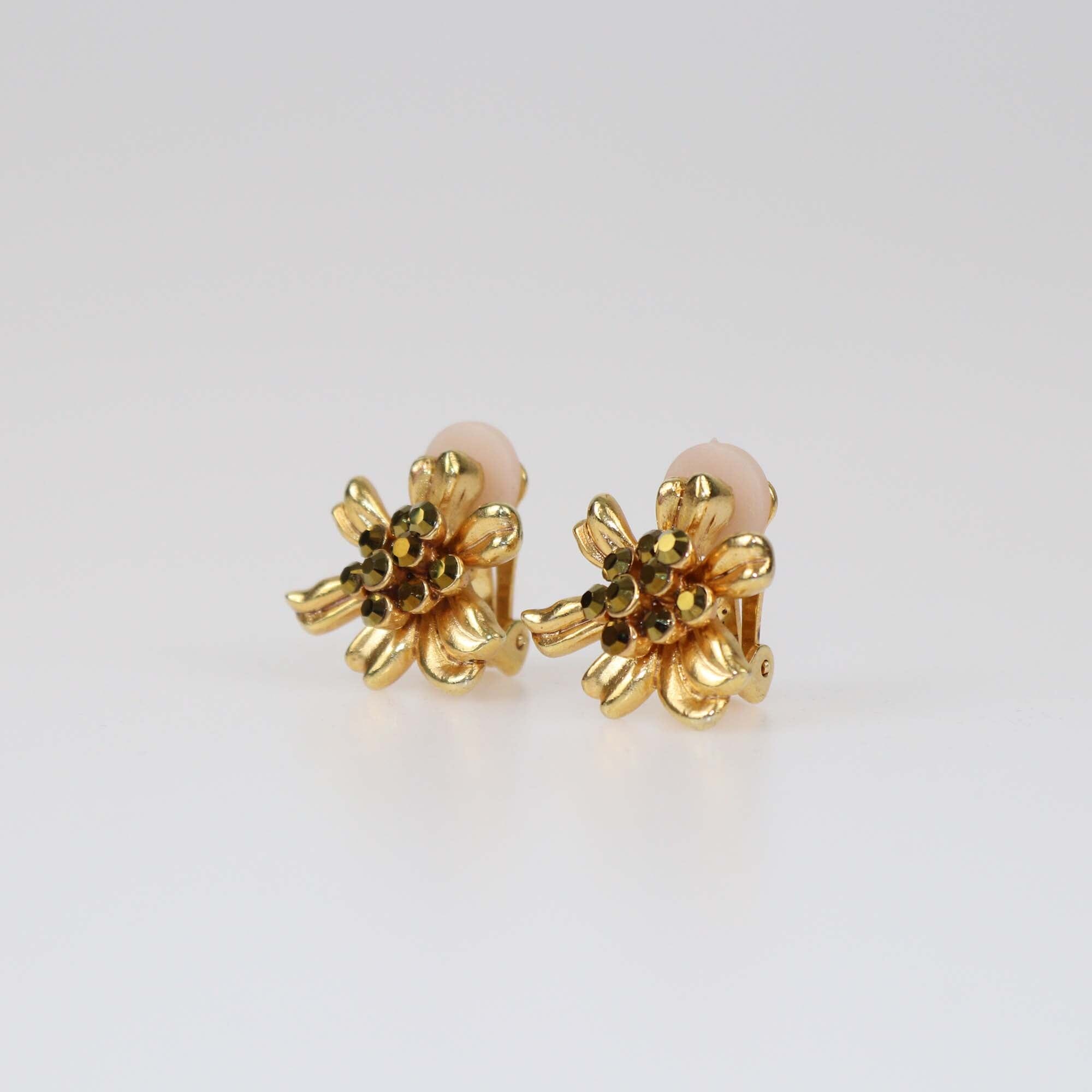 Oscar De La Renta Gold Tone Flower Crystal Clip-On Earrings Womens Oscar de la Renta 