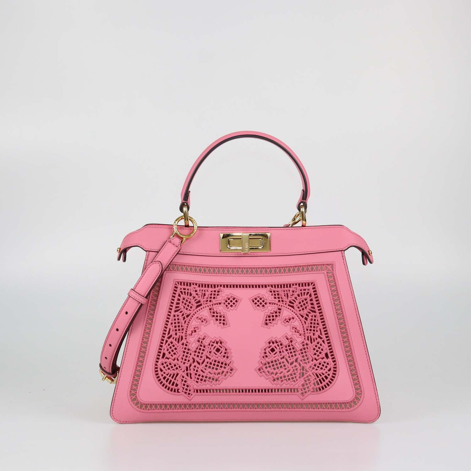 Fendi Pink Leather Laser Cut Lace Embroidered Medium Peekaboo IseeU Bag