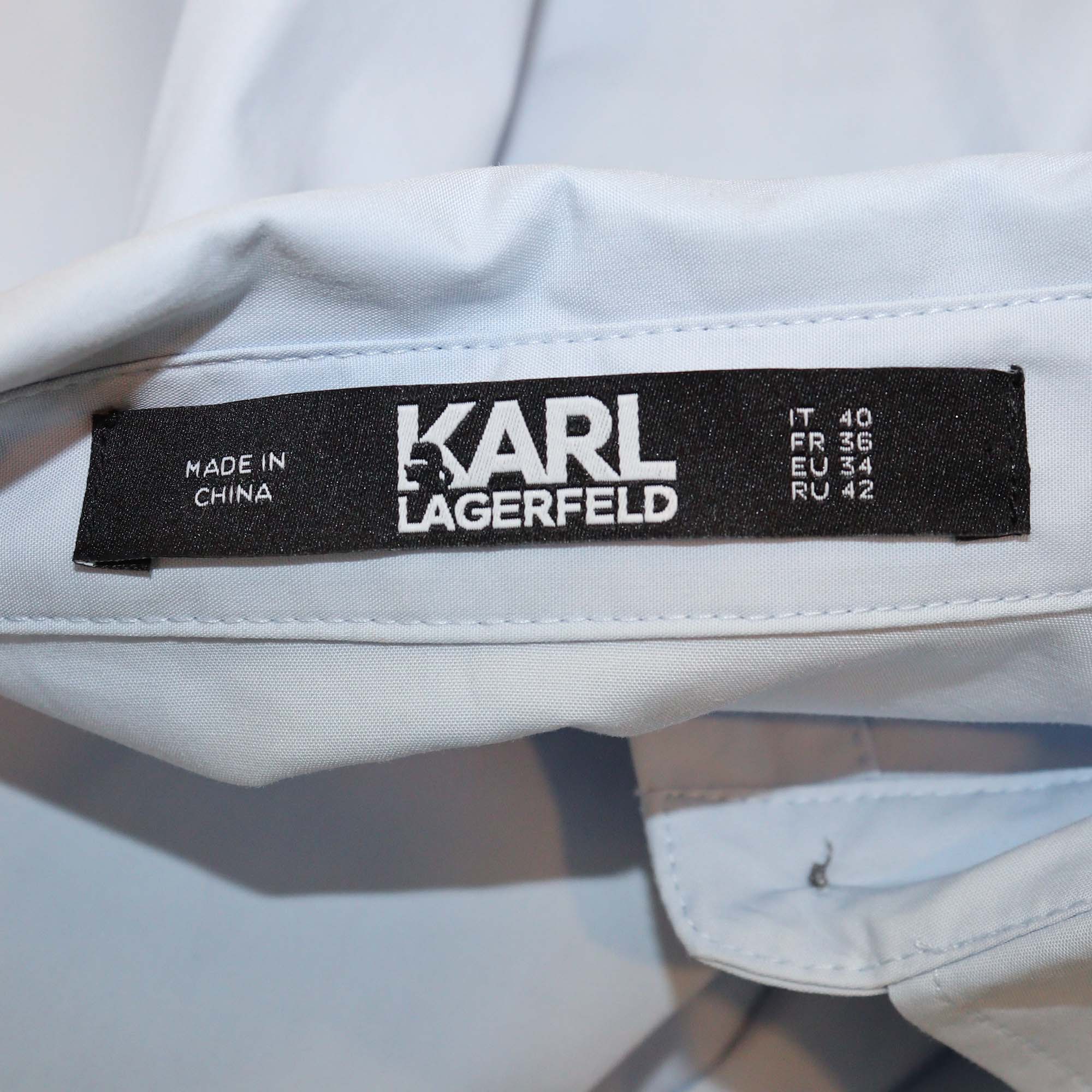 Karl Lagerfeld Light Blue Beaded Logo Poplin Long Shirt