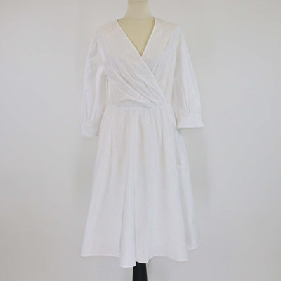 Karl Lagerfeld White Logo Embroidered Cotton Long Sleeve V Neck Midi Dress