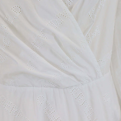 Karl Lagerfeld White Logo Embroidered Cotton Long Sleeve V Neck Midi Dress