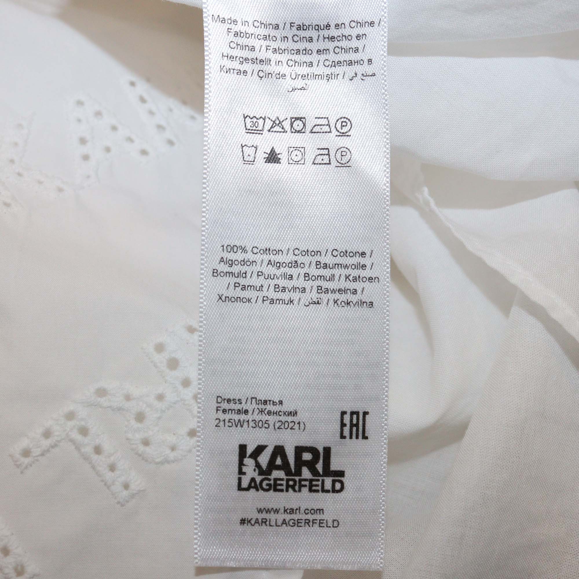Karl Lagerfeld White Logo Embroidered Cotton Long Sleeve V Neck Midi Dress